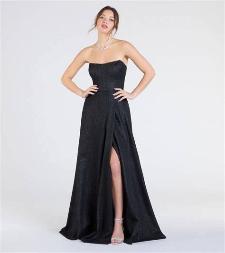 Strapless cocktail gown with high front slit and knot detail