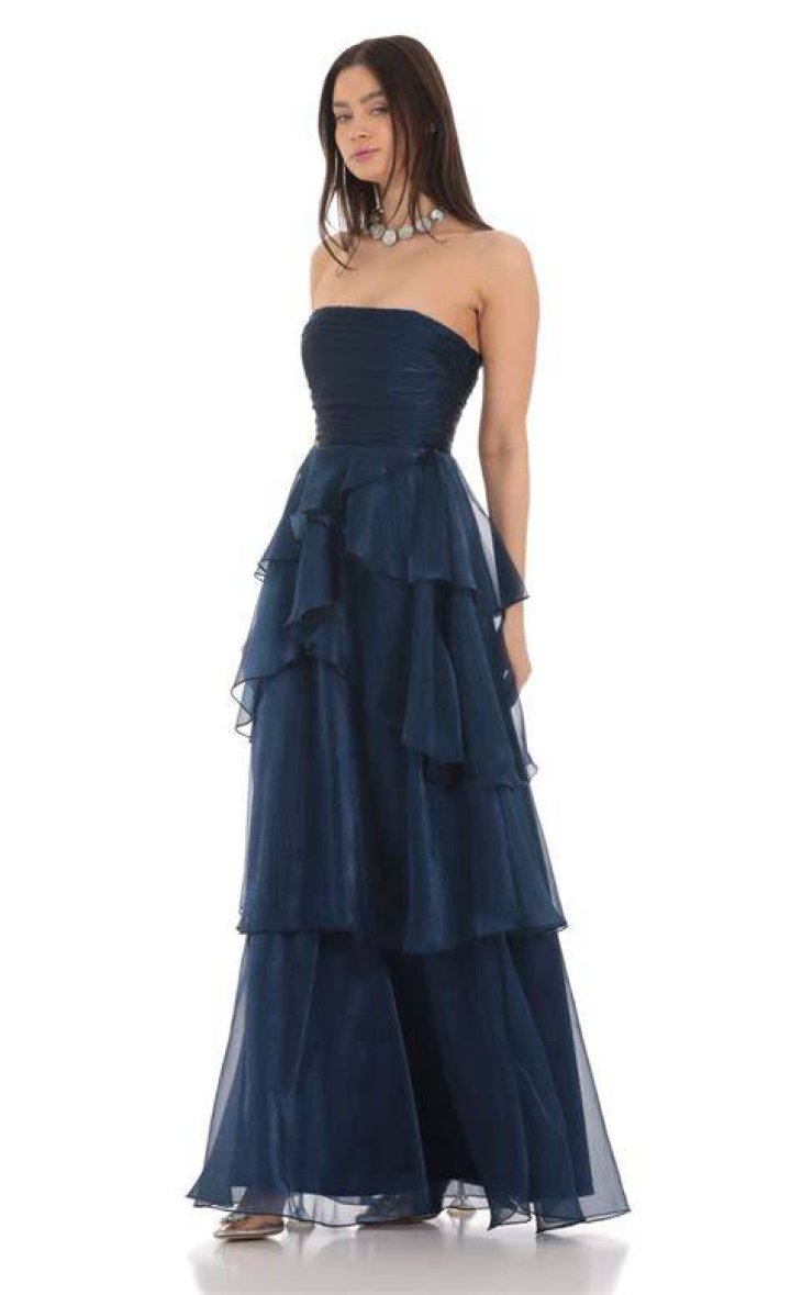 Strapless gown with sheer boned corset and high-side slit
