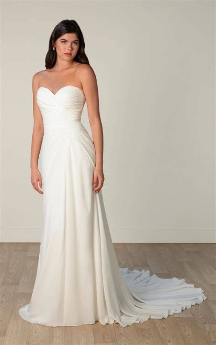 Strapless ruched gown with sweetheart neckline and rhinestones detail
