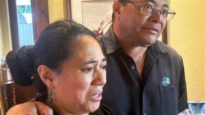 Taufa Samisoni, right, and his wife Katalina speak after attending Mass at Sacred Hearts Mission Church in Kapalua, Hawaii. Photo / AP