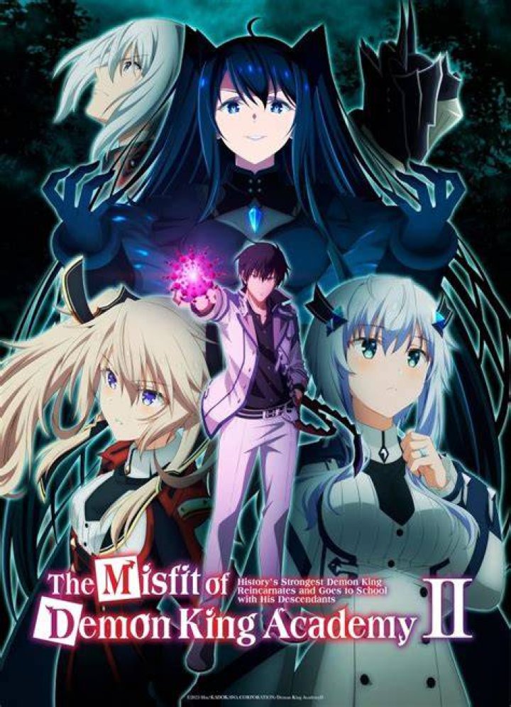 The Misfit of Demon King Academy Promotional Poster, Featuring a Posing Anos Voldigoad and Others in front of a purple sky with black buildings
