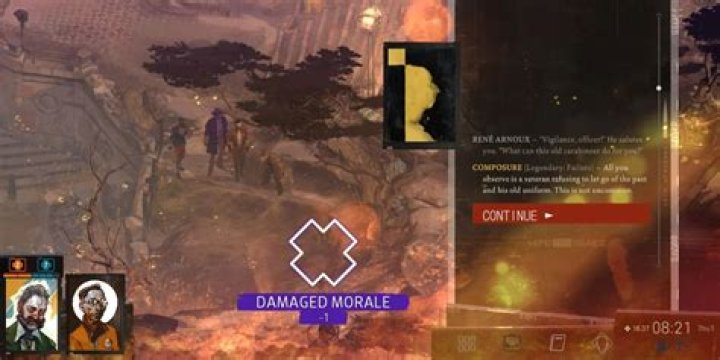 The player taking morale damage in a sunny field in Disco Elysium.