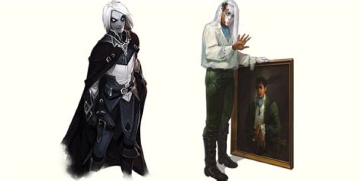 Two changelings, one looking directly up smirking while the other changes form to match the painting they are holding