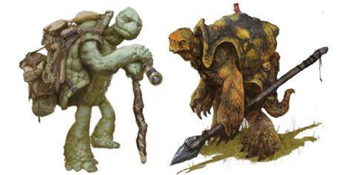 Two tortles stand facing each other. One leans on a walking cane, a backpack on his shell while the other holds a spear
