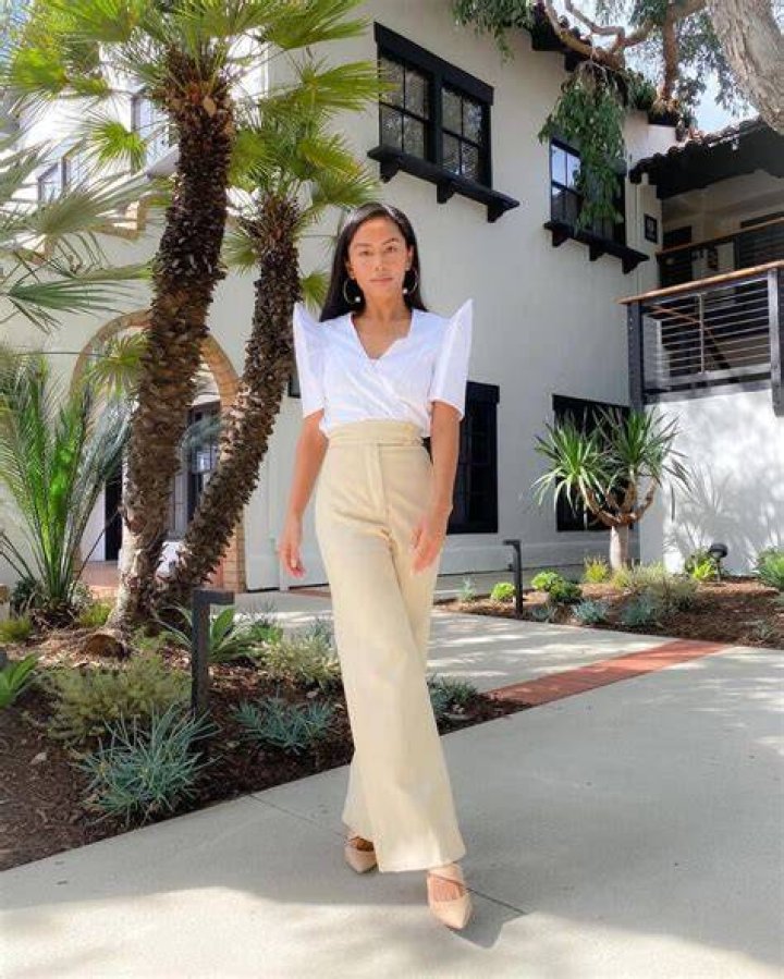 Two-piece high-waisted pants and off-shoulder crop top
