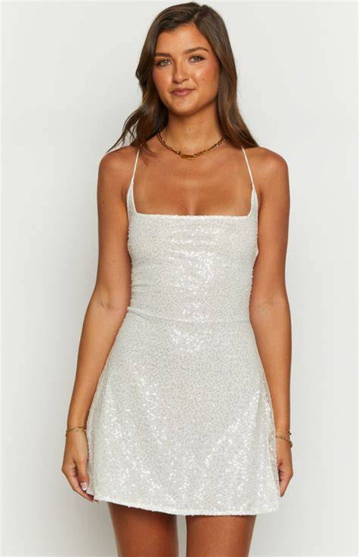 White beaded mini square neckline and feathery asymmetric hemline