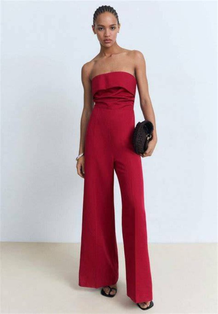 Wide-leg strapless jumsuit with faux feather detail and sweetheart neckline