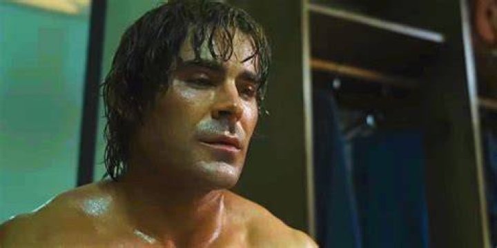 Zac Efron sweating profusely as Kevin Von Erich in The Iron Claw movie